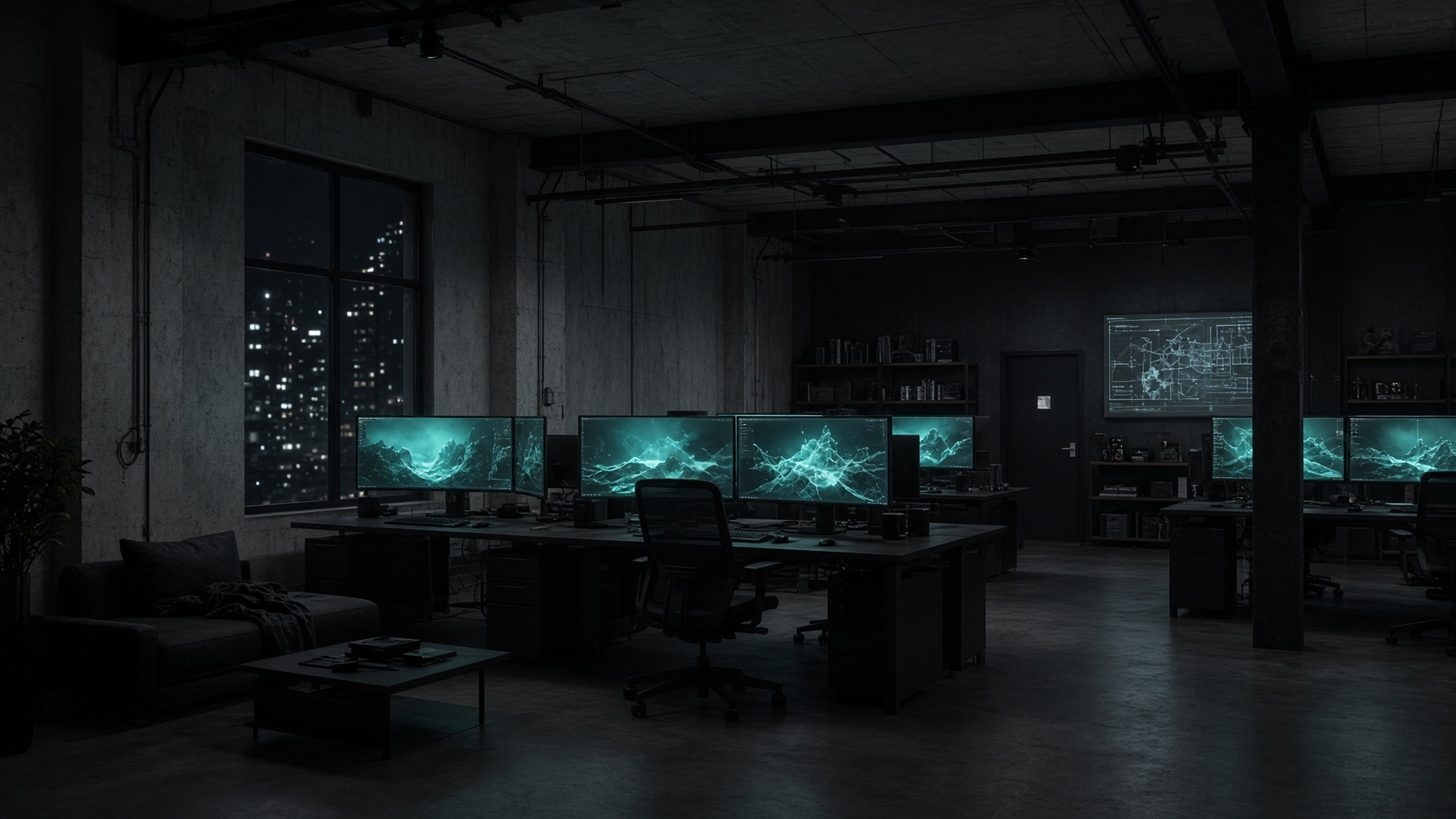 Auth Studios after hours — monitors glowing in a dark workspace